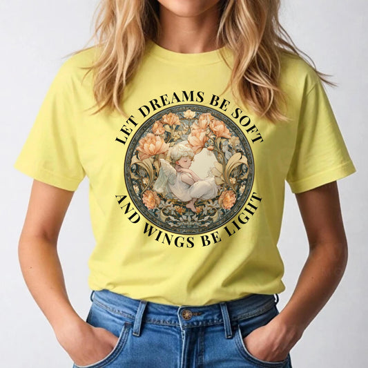 Vintage Floral Angel Shirt - Let Dreams Be Soft Art Tee, Retro Nature-Inspired Aesthetic Top, Sleepy Fairycore T-Shirt AA65