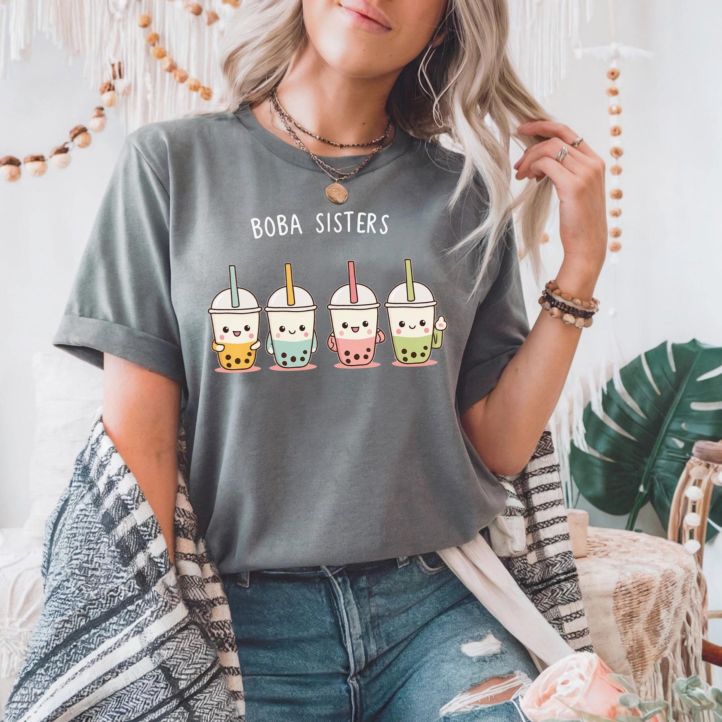 Boba Sisters Matching Shirt - Cute Bubble Tea Crew Tee for Girls, Kawaii Milk Tea Top, Funny Sister Gift Idea for Boba Lovers AA71