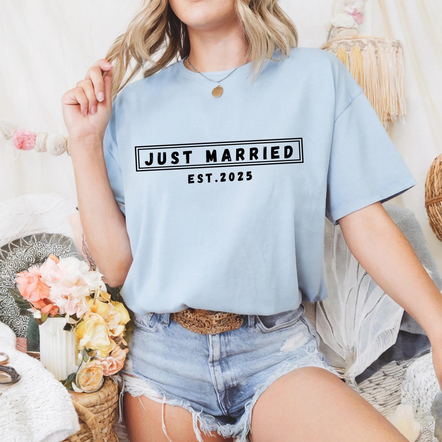 Just Married Est.2025 Bride Shirt – Gift for Newlywed Women, Wedding Day Tee, Minimalist Romantic Graphic Shirt for Her AA75