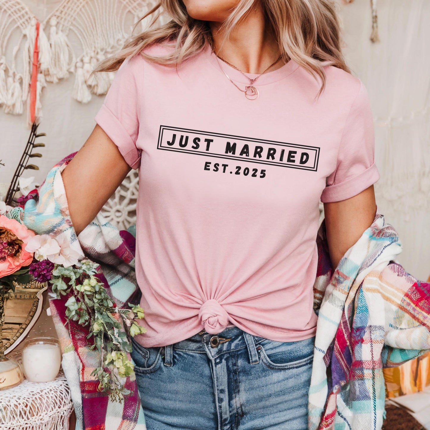 Just Married Est.2025 Bride Shirt – Gift for Newlywed Women, Wedding Day Tee, Minimalist Romantic Graphic Shirt for Her AA75