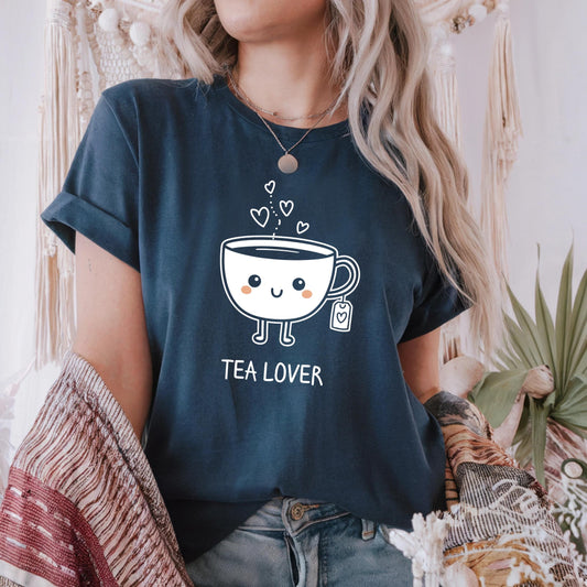Tea Lover Kawaii Shirt – Cute Cartoon Mug Graphic Tee for Women, Cozy Pastel Outfit, Tea Gift for Homebody Girls AA78