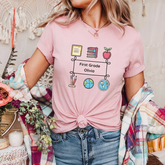 Back to School Custom Name Shirt – Fun Grade Level Tee with Cartoon School Icons | Cute Gift for Teacher, Girl or Student