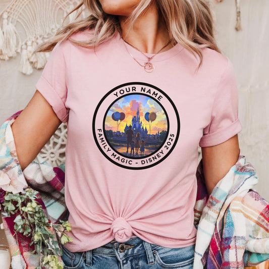 Romantic Disney Castle Shirt – Custom Sunset Theme Park Tee for Couples 2025 – Personalized Matching Vacation Outfit