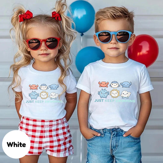 Just Keep Swimming Shirt for Kids,Inspirational Toddler Ocean Tee,Cute Kawaii Sea Creatures Shirt,Axolotl Birthday Top - Unisex Summer Tee