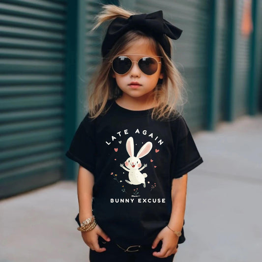 Funny Bunny Excuse Shirt for Kids - Late Again Tee - Cute Preschool Toddler Rabbit T-Shirt - Spring Animal Graphic Tee