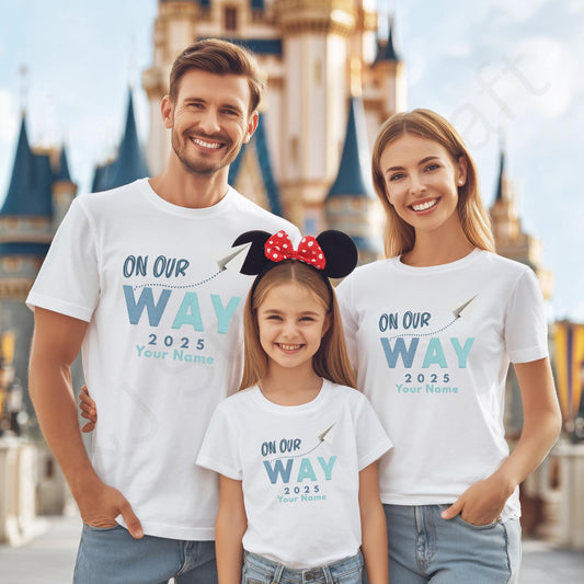 Family Travel Custom Shirt 2025 - On Our Way Matching T-Shirts - Vacation Keepsake Tee With Name Personalization AA57