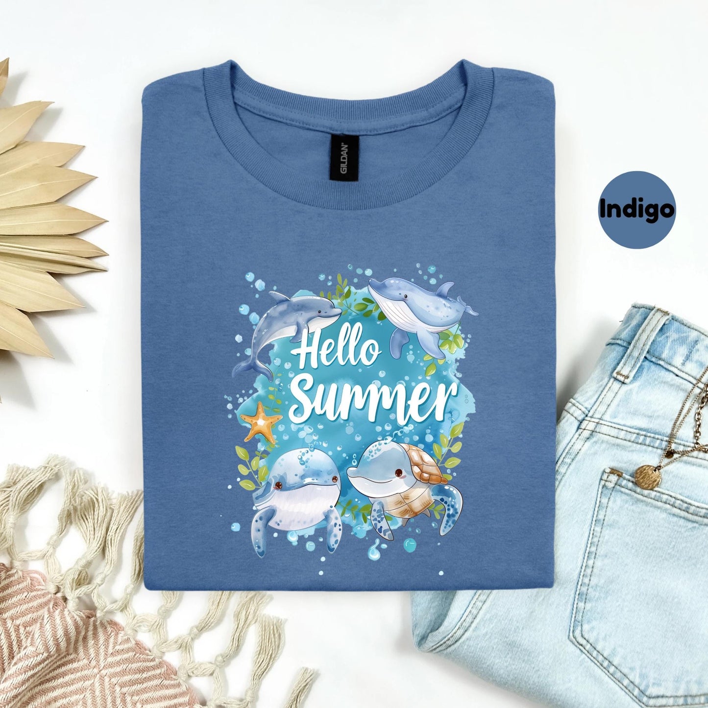 Hello Summer Ocean Tee - Eco Friendly Sea Life Shirt with Dolphins, Whales, Starfish, Women’s Casual Coastal Top AA95