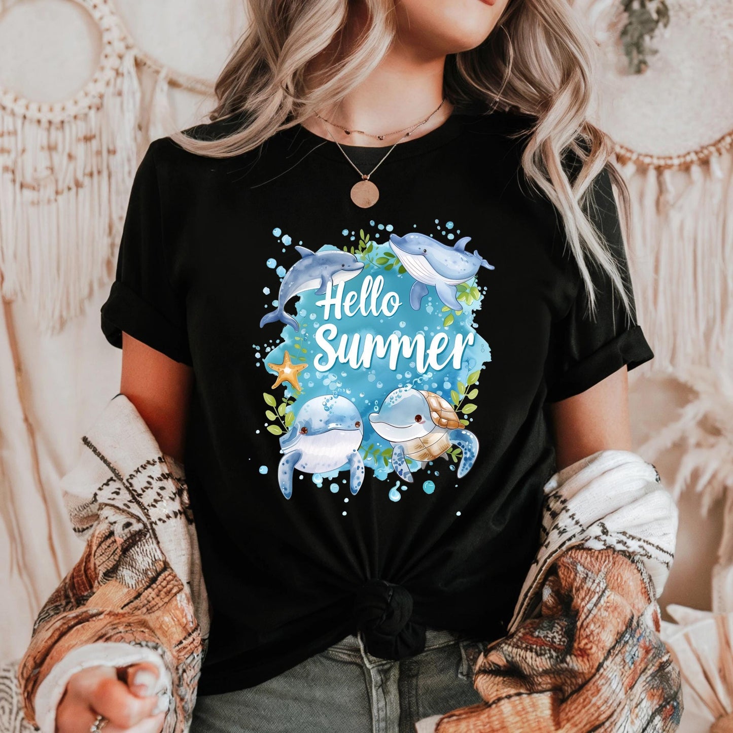 Hello Summer Ocean Tee - Eco Friendly Sea Life Shirt with Dolphins, Whales, Starfish, Women’s Casual Coastal Top AA95