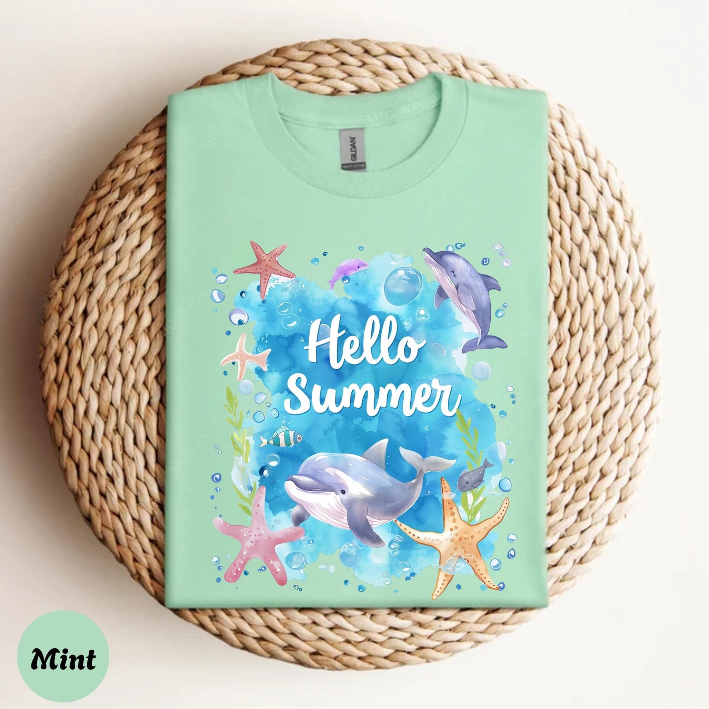 Unisex Summer Dolphin Tee - Hello Summer Ocean Shirt with Starfish and Bubbles, Family Beach Vacation Matching Outfit AA99