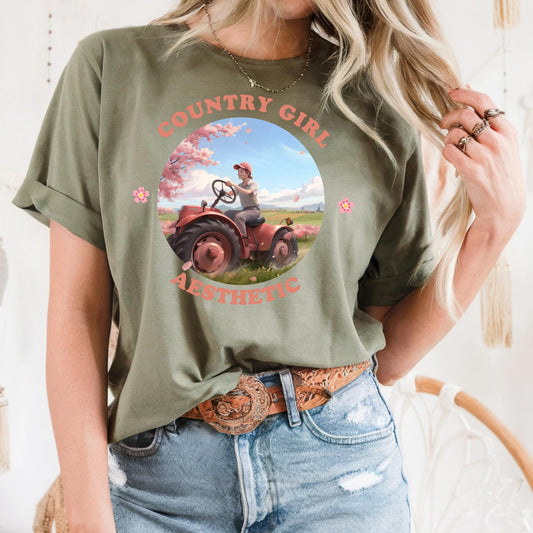 Spring Tractor Country Girl Tee，Pink Floral Farm Shirt，Cottagecore Aesthetic Gift，Rural Women Power Top 2506C003
