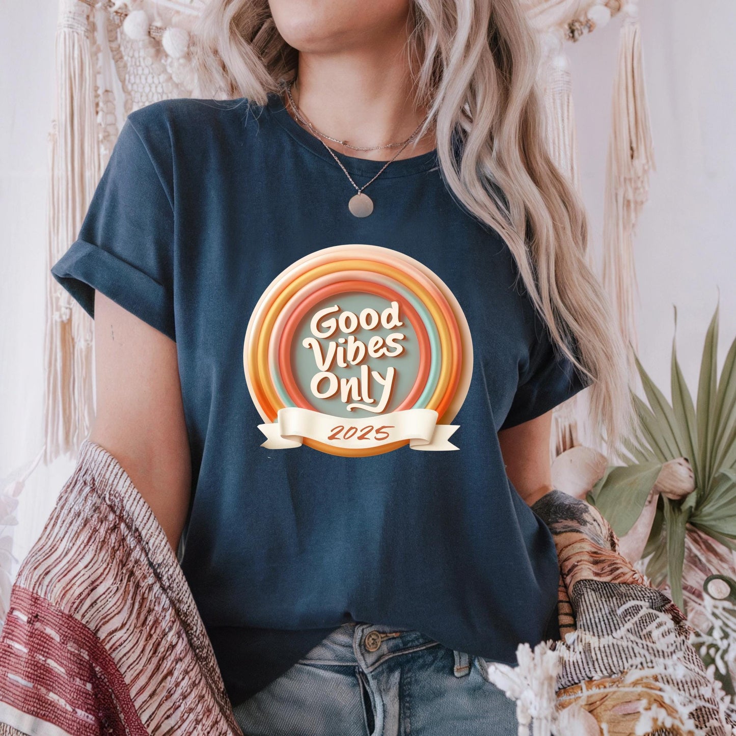 2025 Good Energy T-Shirt – Motivational Retro Tee with Rainbow Design – New Year Positive Vibes Shirt Gift AA107