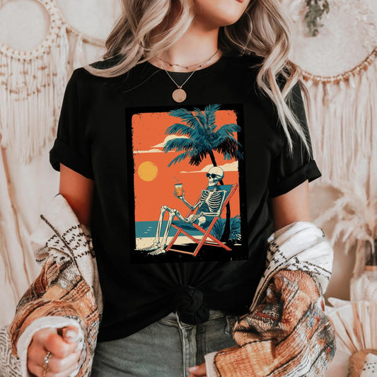Skeleton Beach Shirt Funny Tropical Goth Tee Vintage Sunset Vacay Graphic T-Shirt for Halloween and Summer Vibes AA43