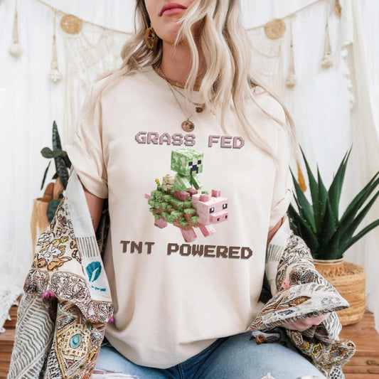 Retro Y2K Pixel Pig Shirt Grass Fed TNT Powered Graphic Tee Funny Blocky Animal Aesthetic for Teens Unisex AA34