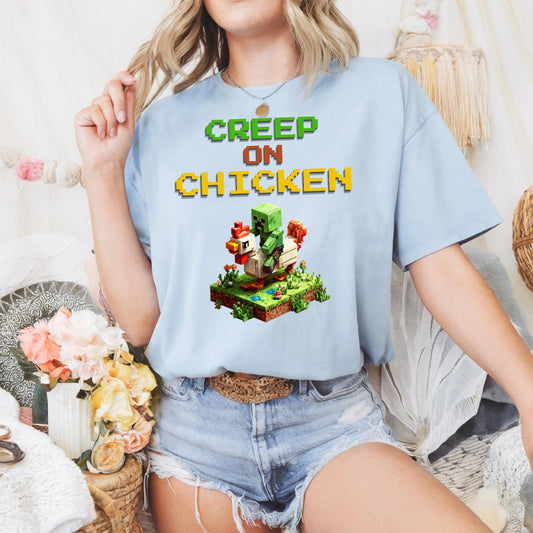 Funny Pixel Chicken Shirt Gamer Meme Graphic Tee for Teens Boys Retro Block Chicken Rider T-Shirt AA32