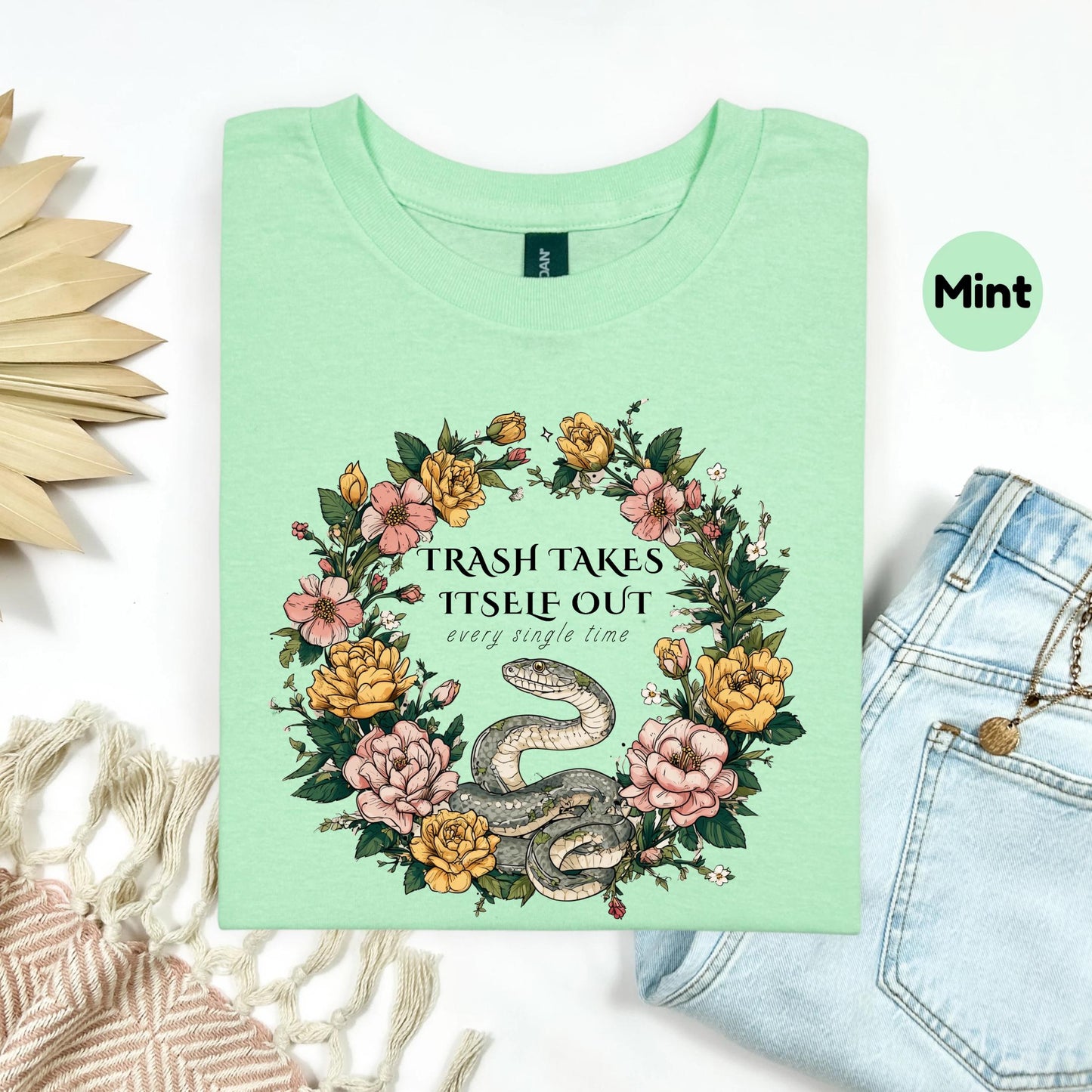 Funny Snake Shirt Trash Takes Itself Out Tee, Floral Sarcastic Quote Gift, Sassy Graphic T-Shirt for Best Friends AA17
