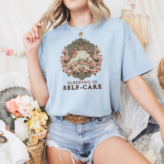 Floral Self-Care Shirt for Women - Sleeping Is Self Care Tee, Vintage Art Nouveau Graphic Tee, Rest Lover Gift Top AA64