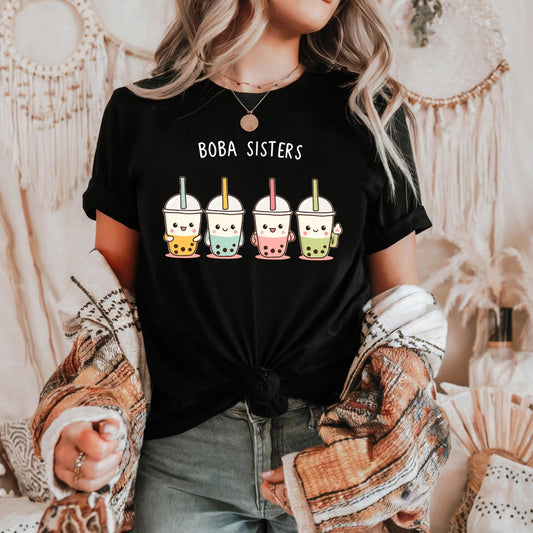 Boba Sisters Matching Shirt - Cute Bubble Tea Crew Tee for Girls, Kawaii Milk Tea Top, Funny Sister Gift Idea for Boba Lovers AA71