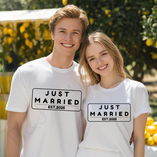 Just Married 2025 Shirt – Cute Graphic Tee for Bride or Groom, Casual Newlywed Gift, Minimal Wedding Celebration Top AA74