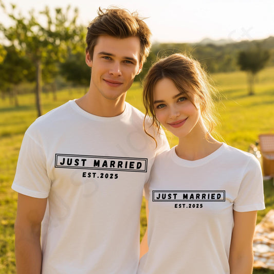 Just Married Est.2025 Bride Shirt – Gift for Newlywed Women, Wedding Day Tee, Minimalist Romantic Graphic Shirt for Her AA75