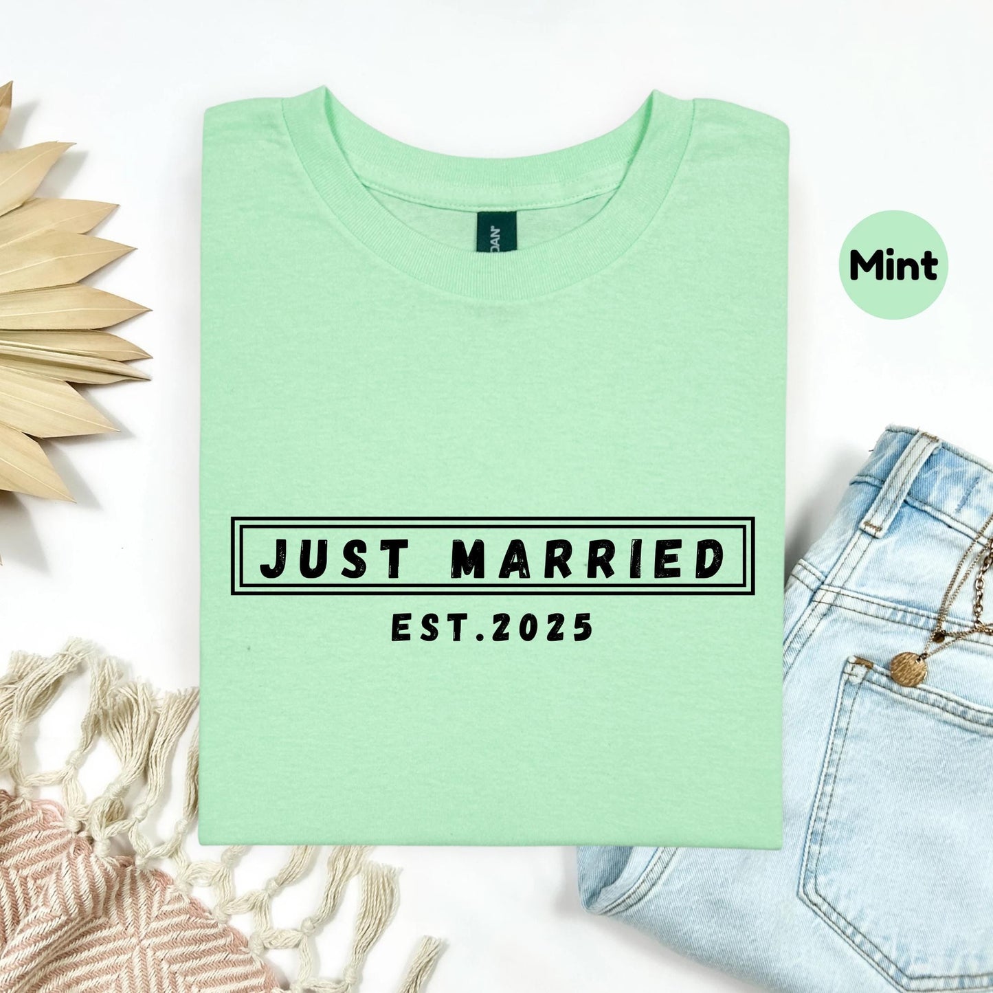 Just Married Est.2025 Bride Shirt – Gift for Newlywed Women, Wedding Day Tee, Minimalist Romantic Graphic Shirt for Her AA75