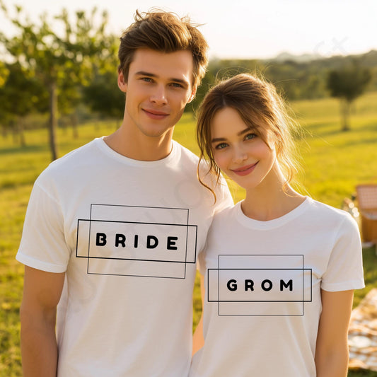 Funny Bride and Grom Shirts Set – Matching Wedding Couple T-Shirts with Typo Design, Newlywed Honeymoon Outfit Gift AA76