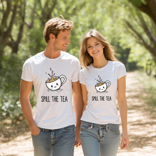 Spill the Tea Matching Shirts – Cute Couple Gossip Tees, Funny Graphic T-Shirts for Him and Her, Trendy Slang Shirt Set AA77