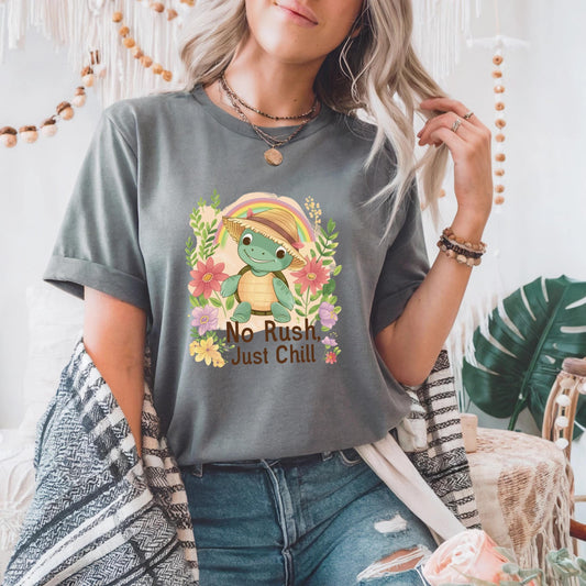 Kids Turtle Summer Shirt - No Rush Just Chill Quote Tee, Pastel Animal Toddler T Shirt, Kawaii Beach Slow Life Gift AA98