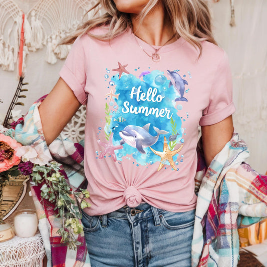 Unisex Summer Dolphin Tee - Hello Summer Ocean Shirt with Starfish and Bubbles, Family Beach Vacation Matching Outfit AA99