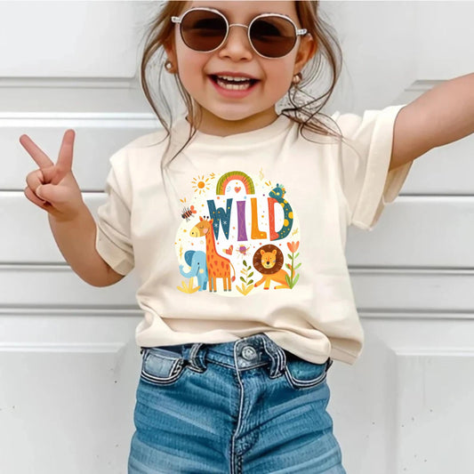 Boho Jungle Wild Animal Shirt for Kids - Giraffe Lion Elephant Safari Toddler Tee for Girls Birthday or Everyday Fun AA100