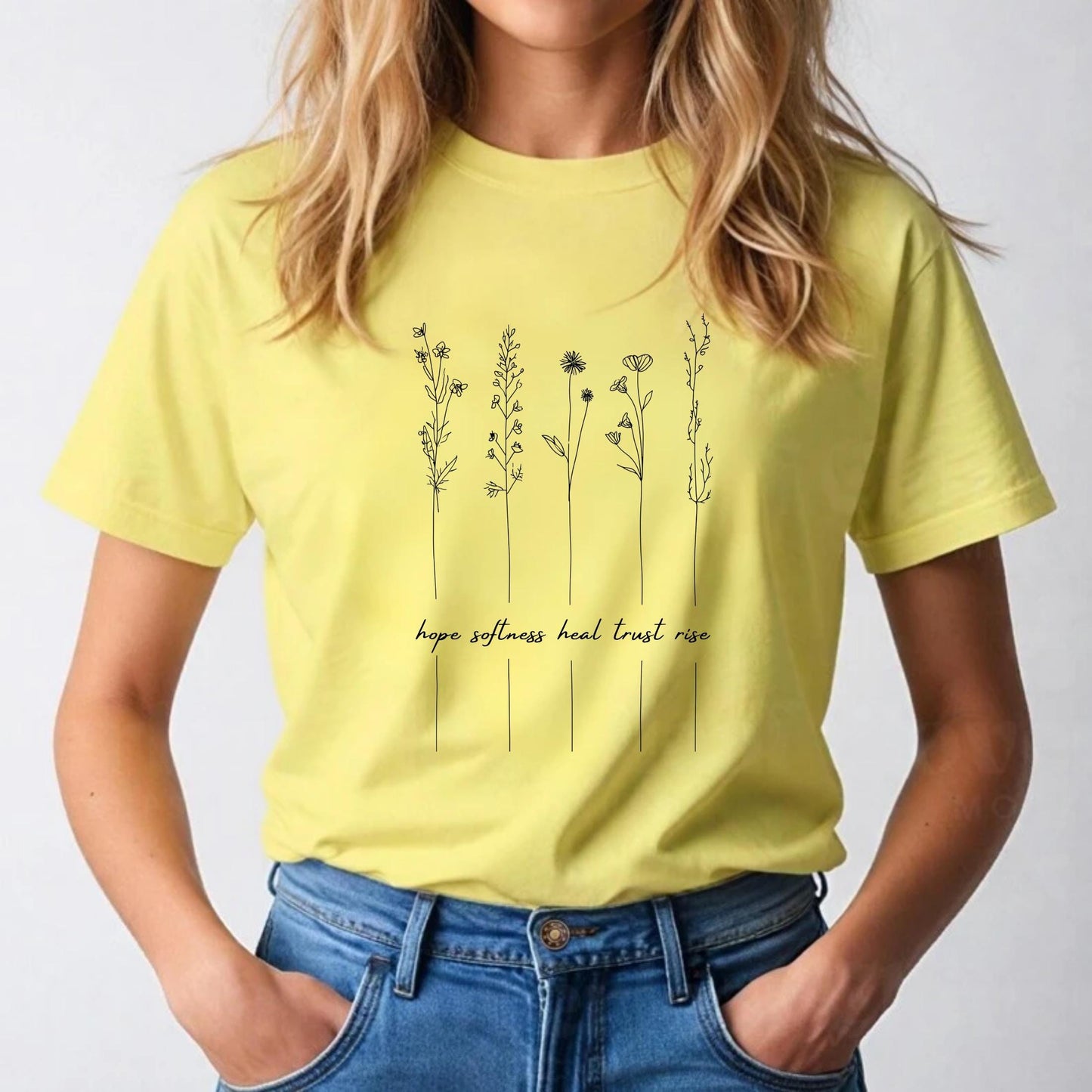Mental Health Graphic Tee – Line Drawing Flower Shirt – Hope Heal Rise Words Tee – Soft Boho Self Care Aesthetic T-Shirt AA117