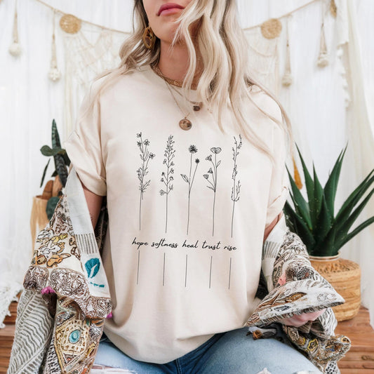 Mental Health Graphic Tee – Line Drawing Flower Shirt – Hope Heal Rise Words Tee – Soft Boho Self Care Aesthetic T-Shirt AA117