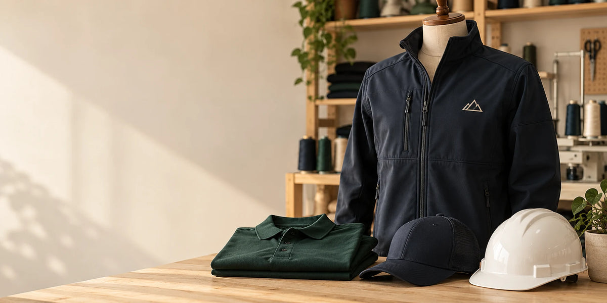 Navy work jacket with embroidered mountain emblem, green polo, cap and white hard hat.