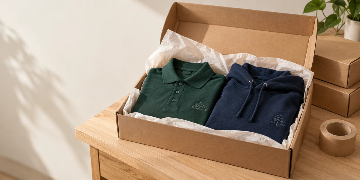 Forest green polo and navy hoodie neatly packed in a kraft shipping box.
