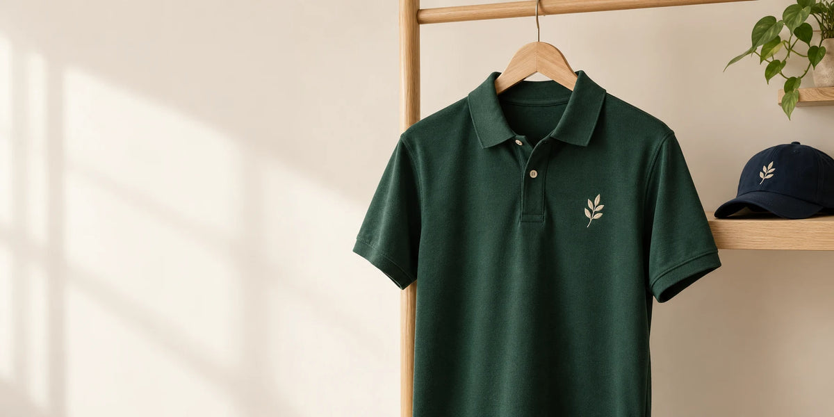 Forest green polo with cream leaf embroidery on a wooden hanger, beside a navy embroidered cap on a separate shelf.